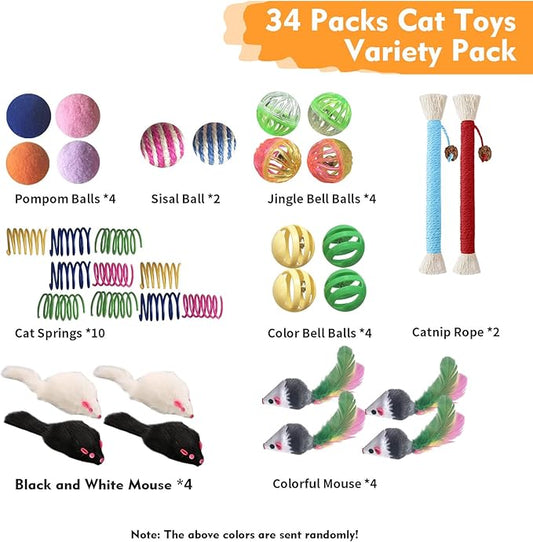 Cat Toys for Indoor Cats, 34 Packs Interactive Cat Toys for Kitten, Cat Toys Set with Colorful Cat Spring Toys, Cat Mouse Toy, Catnip Ropes, Colorful Balls and Bells, Sisal Ball - PAWPICO