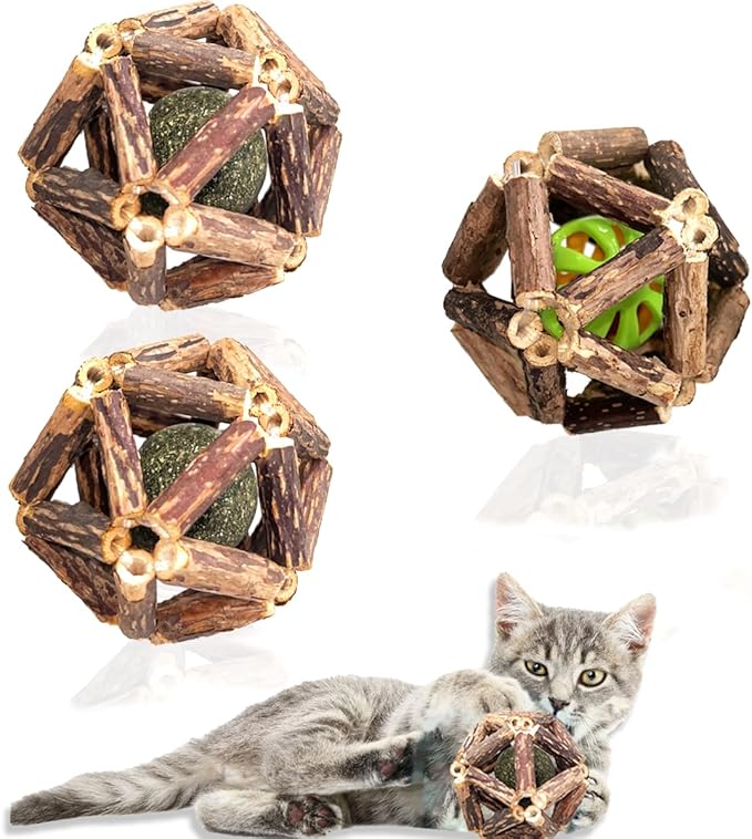 Cat Catnip Toys 3 Packs Catnip Ball Toys, Nature Silvervine Stick Cage Cat Bell Balls, Catnip Toys for Cleaning Teeth, Relaxing Cats, Cat Toys for All Breeds - PAWPICO
