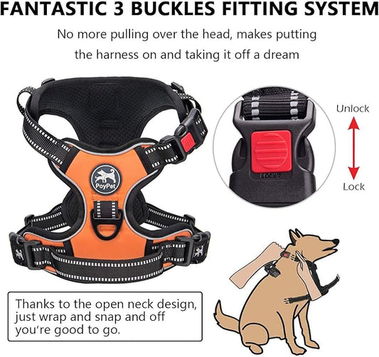 PoyPet No Pull Dog Harness, No Choke Front Clip Dog Reflective Harness, Adjustable Soft Padded Pet Vest with Easy Control Handle for Small to Large Dogs(Orange,XS) PoyPet