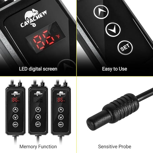 Dimming Thermostat Reptile, Thermostat for Reptile Heat Lamp Mats Bulbs, PID Temperature Controller for Reptile Amphibian Habistat, Memory Function, LED Digital Screen, Sensitive Probe, 300W CAVACHEWReptileSupplies