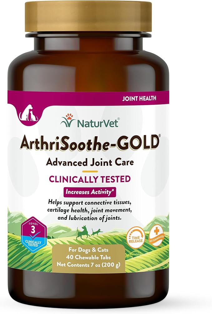 NaturVet ArthriSoothe-Gold Level 3, MSM and Glucosamine for Dogs and Cats, Advanced Joint Care Support Supplement with Chondroitin and Omega 3, Clinically Tested, Chewable Tablets, Made in The USA NaturVet