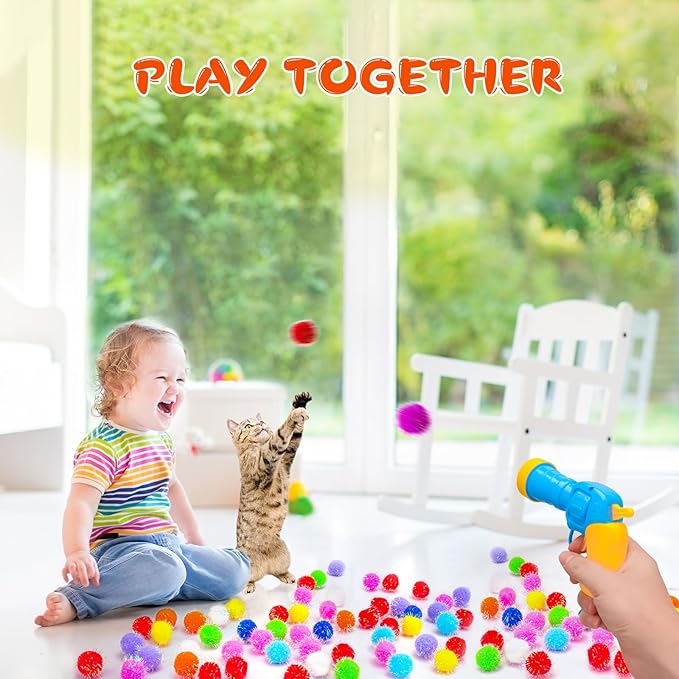 BooTaa Pet Toys, Interactive Cat Toy Set, 80pcs Glitter Pom-Poms Cat Ball Toy with 1 Launcher, Safe Soft Cat Toy Balls for Fetch, Training, Playing - PAWPICO