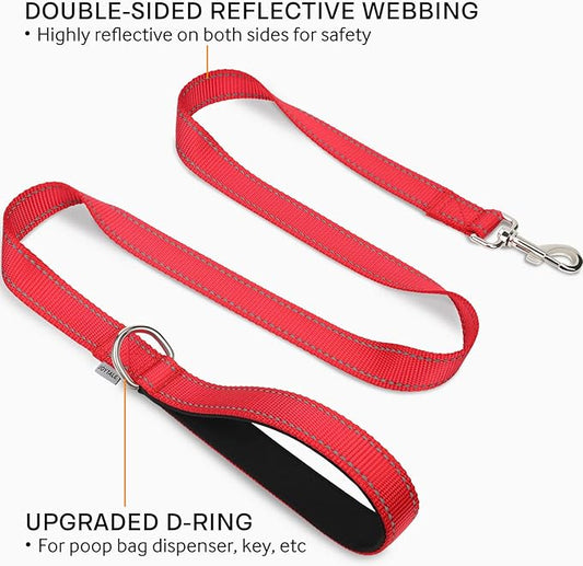 Joytale Double-Sided Reflective Dog Leash, 6 FT/5 FT/4 FT, Padded Handle Nylon Heavy Duty Leashes for Small & Medium Dogs Walking, Red, 5FT Joytale