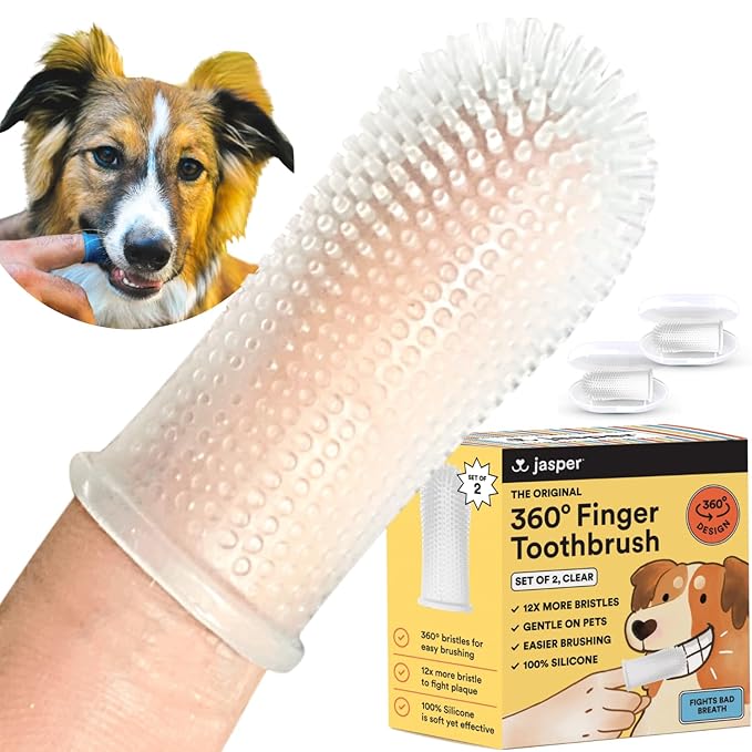 Jasper Dog Toothbrush, 360-Degree Silicone Dog Finger Toothbrush with Storage Cases, Dog Tooth Brushing Kit, Dog Teeth Cleaning Kit for Medium and Large Dogs, Use with Dog Toothpaste, 2-Pack Clear JASPER%C2%AE
