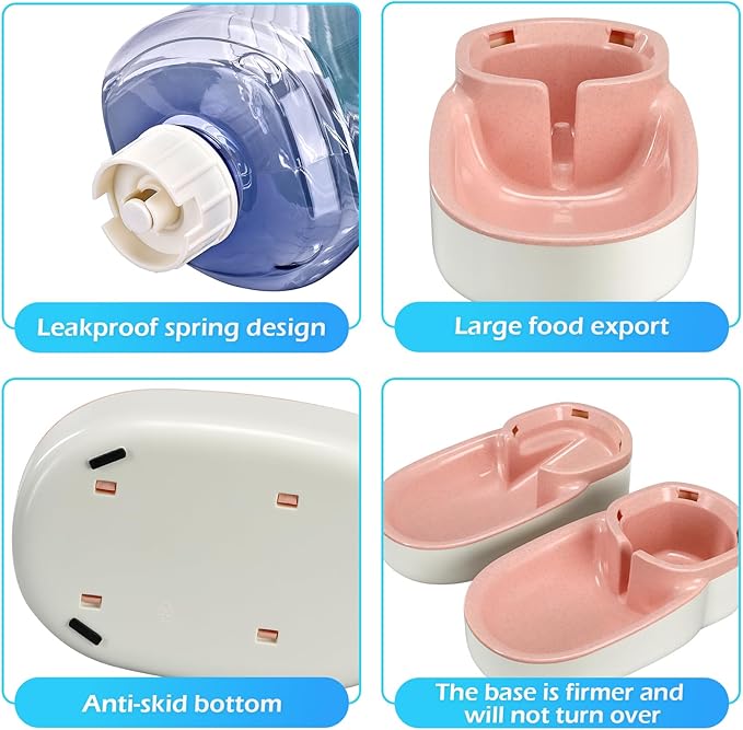 Automatic Dog Cat Feeder and Water Dispenser Gravity Food Feeder and Waterer Set with Pet Food Bowl for Small Medium Dog Puppy Kitten, Large Capacity 1 Gallon x 2(Pink) - PAWPICO