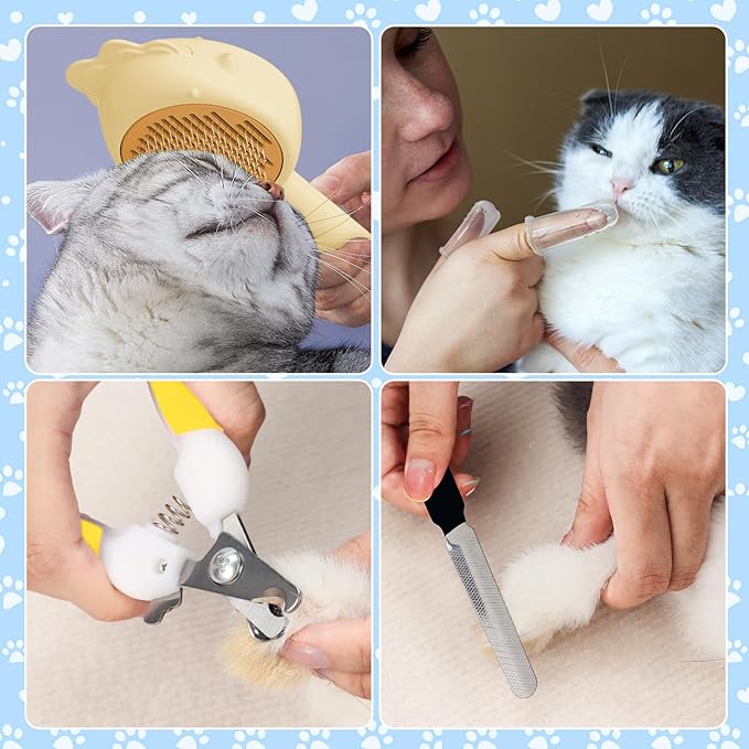VCZONE 8 Pcs Cat Brush Grooming Kits, Pet Self Cleaning Kit with Pet Nail Clipper and File, Flea Comb, Pet Shampoo Bath Brush, Pet Shedding Brush, Silicone Toothbrush (Yellow) - PAWPICO