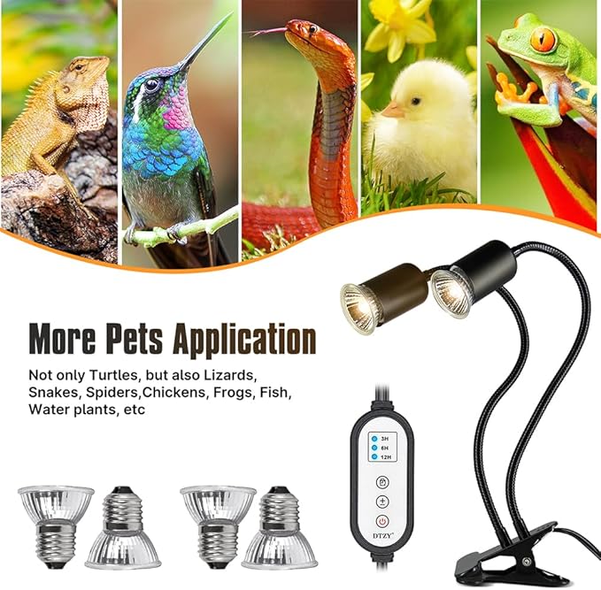 Reptile Heat Lamp, Dual-Head UVA/B Reptile Light with 3/6/12H Cycle Timer, Basking Light for Reptile Turtle Bearded Dragon Lizards Snake, E26/27 Base with 4 Bulbs (2PCS 50W and 2PCS 75W) DTZYServiceforYourLife