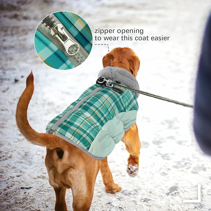 FUAMEY Dog Winter Coat,Dog Jackets with Harness Built in Dog Cold Weather Coats Dog Paded Vest Dog Apparel with Zipper on Back Pet Reflective Clothes for Small Medium Large Dogs Green Plaid S - PAWPICO