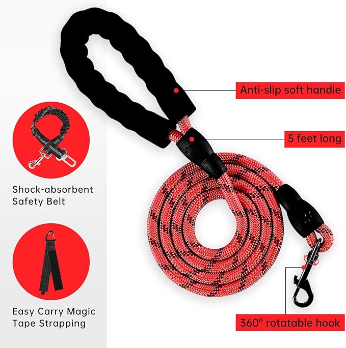 IVY&LANE No Pull Dog Harness for Large Dogs, Dog Vest Harness with Leash, Safety Belt and Storage Strap, Fully Adjustable Harness, 360° Reflective Strip, Soft Handle (Red, L) IVYLANE