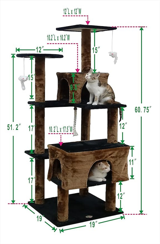 Go Pet Club Everyday Value 61in Cat Tree Kitty Scratcher Kitten Tower House Furniture with Two Condo Beds for Indoor Cats, Brown/Black - PAWPICO