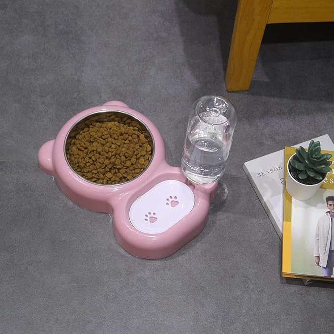 Dog Bowls, Cat Food and Water Bowl Set with Water Dispenser and Stainless Steel Bowl for Cats and Small Dogs - Pink - PAWPICO