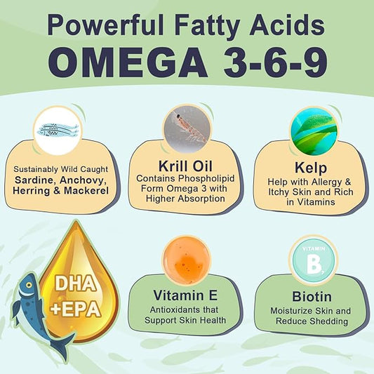 Omega 3 Fish Oil for Dogs, Dog Fish Oil Powder, Wild Caught Fish Oil, EPA&DHA, Krill Oil, Kelp, Dog Skin and Coat Supplement, Anti Itch & Shedding, Support Dry Skin, Joint Health, Dog Allergy Relief ZEBORA