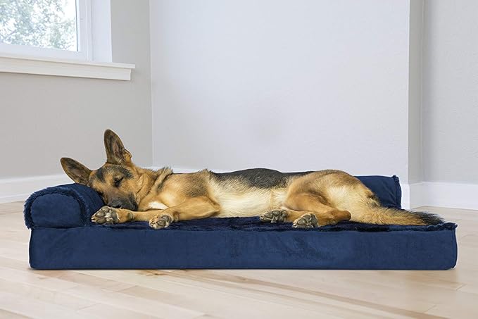 Furhaven Orthopedic Dog Bed for Large Dogs w/ Removable Bolsters & Washable Cover, For Dogs Up to 95 lbs - Plush & Velvet L Shaped Chaise - Deep Sapphire, Jumbo/XL - PAWPICO