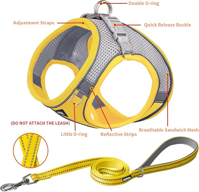 AIITLE Small Harness for Puppy with A Leash - Spring Dog Vest Harness with Super Breathable Mesh, Reflective No-Pull Pet Harness for Outdoor Walking, Camping for Small Dogs, Cats Yellow XXS AIITLE-FORPETSBETTERLIFE