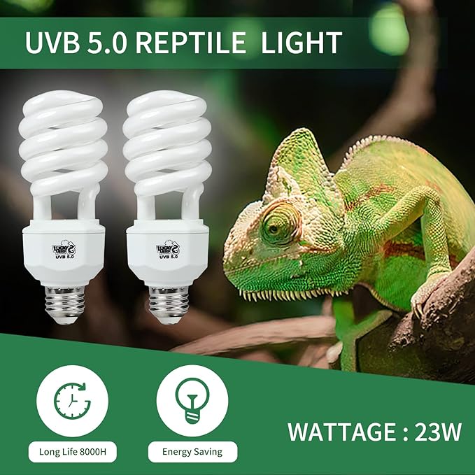LUCKY HERP 2 Pack UVA UVB Reptile Light, 23W 5.0 UVB Bulb for Tropical and Sub Tropical Reptiles, Compact Fluorescent Terrarium Lamp, Reptile UVB Bulb for Chameleons, Lizard, Turtle LUCKYHERP
