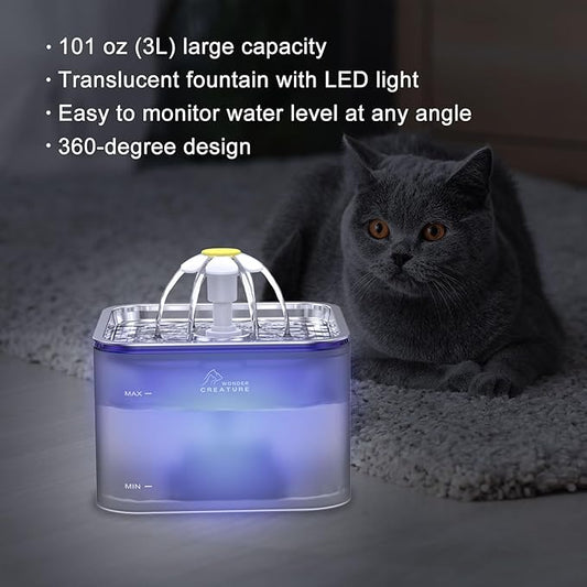 Crystal Cat Water Fountain Stainless Steel, 101oz/3L Pet Fountain with LED Light for Cats and Dogs (Grey) - PAWPICO