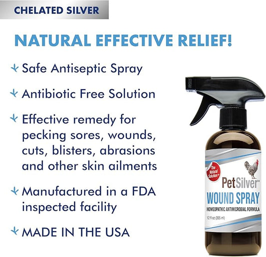 PetSilver Chicken Wound Spray for Chickens & Birds - Patented Silver Solution - Silver Spray for Wounds, Pecking Sores, Bumblefoot, Cuts, Burns, & Skin Irritations - Chicken Care - USA Made - 12 fl oz PetSilver