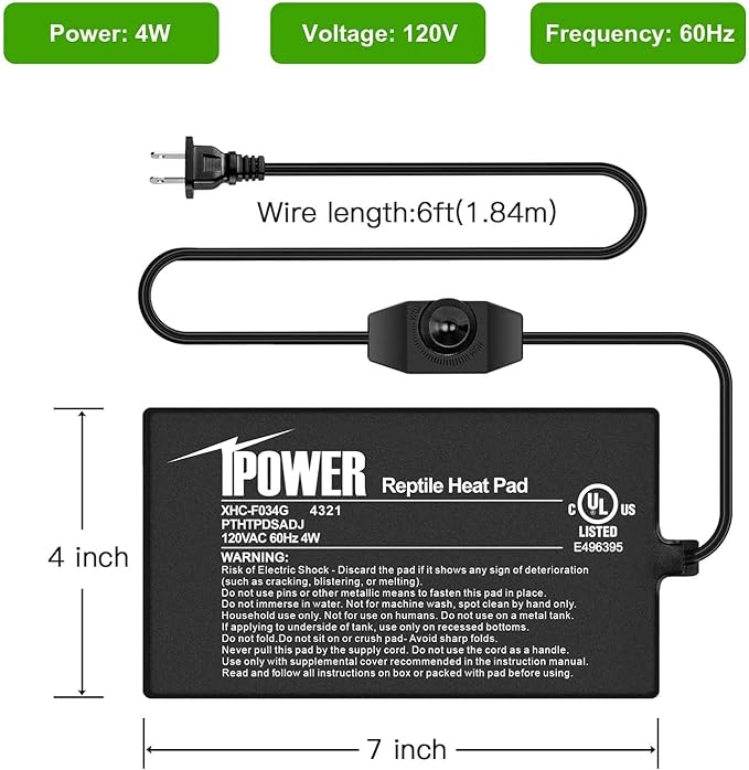 iPower 4 by 7-Inch Reptile Heat Mat with Temperature Adjustable Controller Knob, LCD Digital Aquarium Thermometer, Under Tank Warmer Terrarium Heat Pad for Reptiles and Amphibians iPower