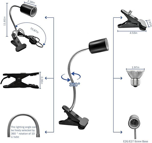 Techsea 2 Pack Reptile Heat Lamps with 360° Rotatable Clips, UVA + UVB Spectrum for Terrariums, 2 Light Bulbs Inside (Black-2 Pack) Techsea