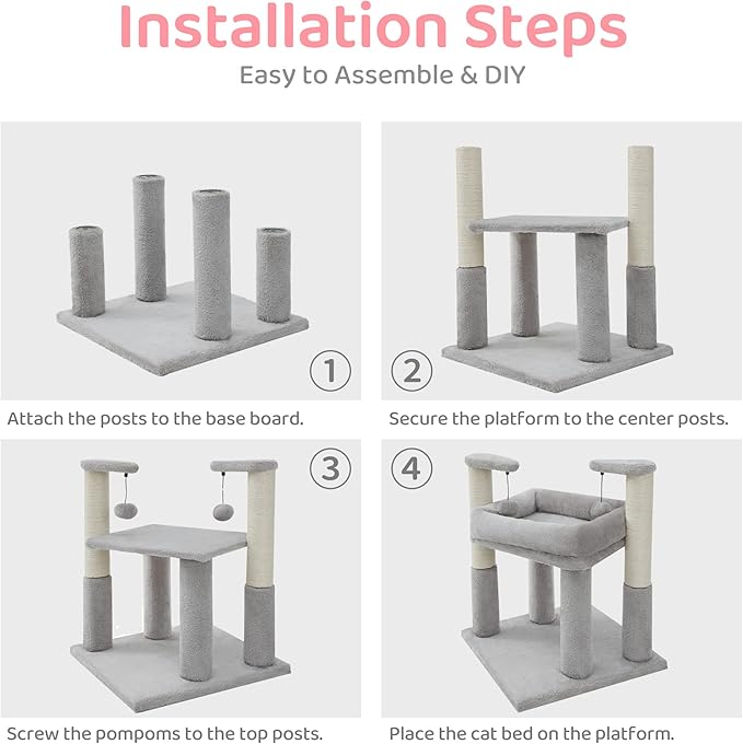 Made4Pets Cat Tree for Indoor Cats, Cat Tower with 2 Natural Sisal Scratching Post for Kitten, Kitty Cat Bed with Pom-pom Dangling Balls, Grey, DIY - PAWPICO
