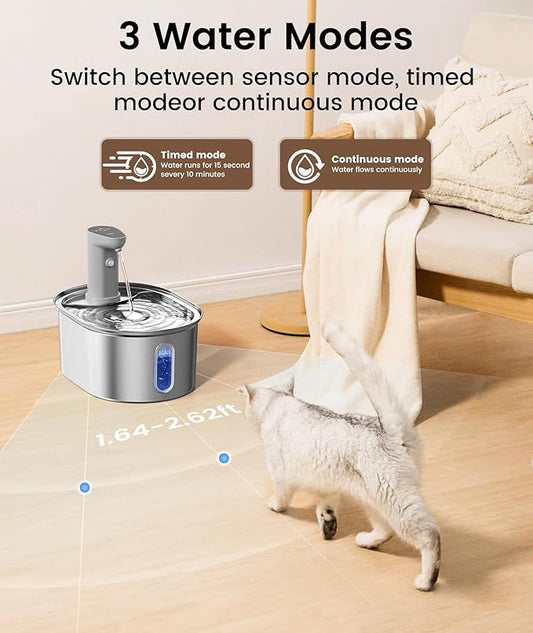 Wireless Cat Water Fountain, 3.5l/108oz Stainless Steel Pet Fountain with Motion Sensor, Ultra-Quiet Battery Operated Cat Fountain with 3 Working Modes, Suitable for Many Pets, (6 Filters + 6Sponge) - PAWPICO