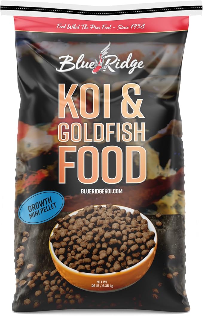 Blue Ridge Koi Fish Food 25lb - Koi Food Mini Growth Formula Goldfish Food, Premium Fish Food for Ponds, Ponds Fish Food, Koi Food Fall and Winter Fish Food, Floating Pond Pellets Fish Food BlueRidgeFishHatchery