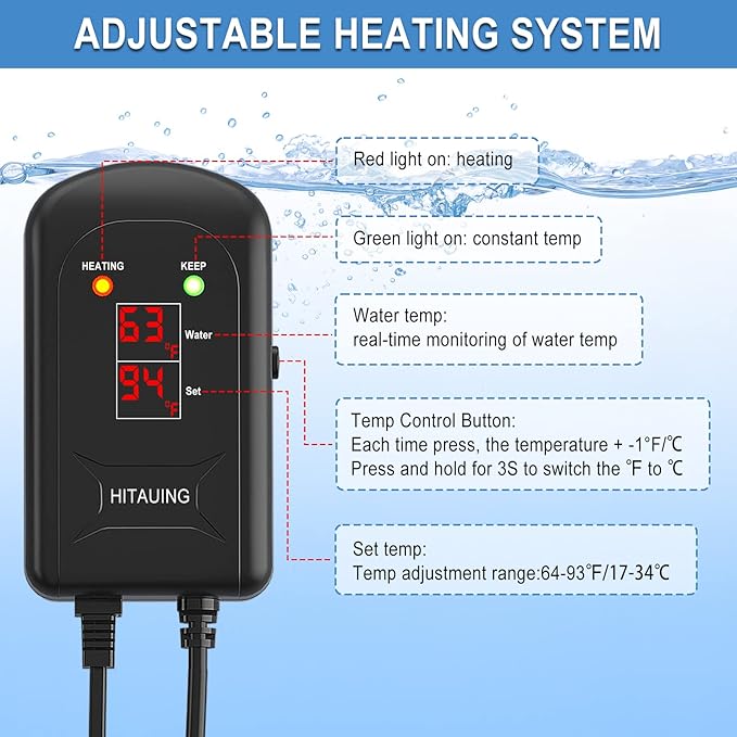 HiTauing Aquarium Heater, 200W Fish Tank Heater with LED Digital Display & 5 Safety Protection, Submersible Aquarium Heater with 2 Suction Cup and 5.9Ft Cord for 20-40 Gallon Fish Tank. HiTauing