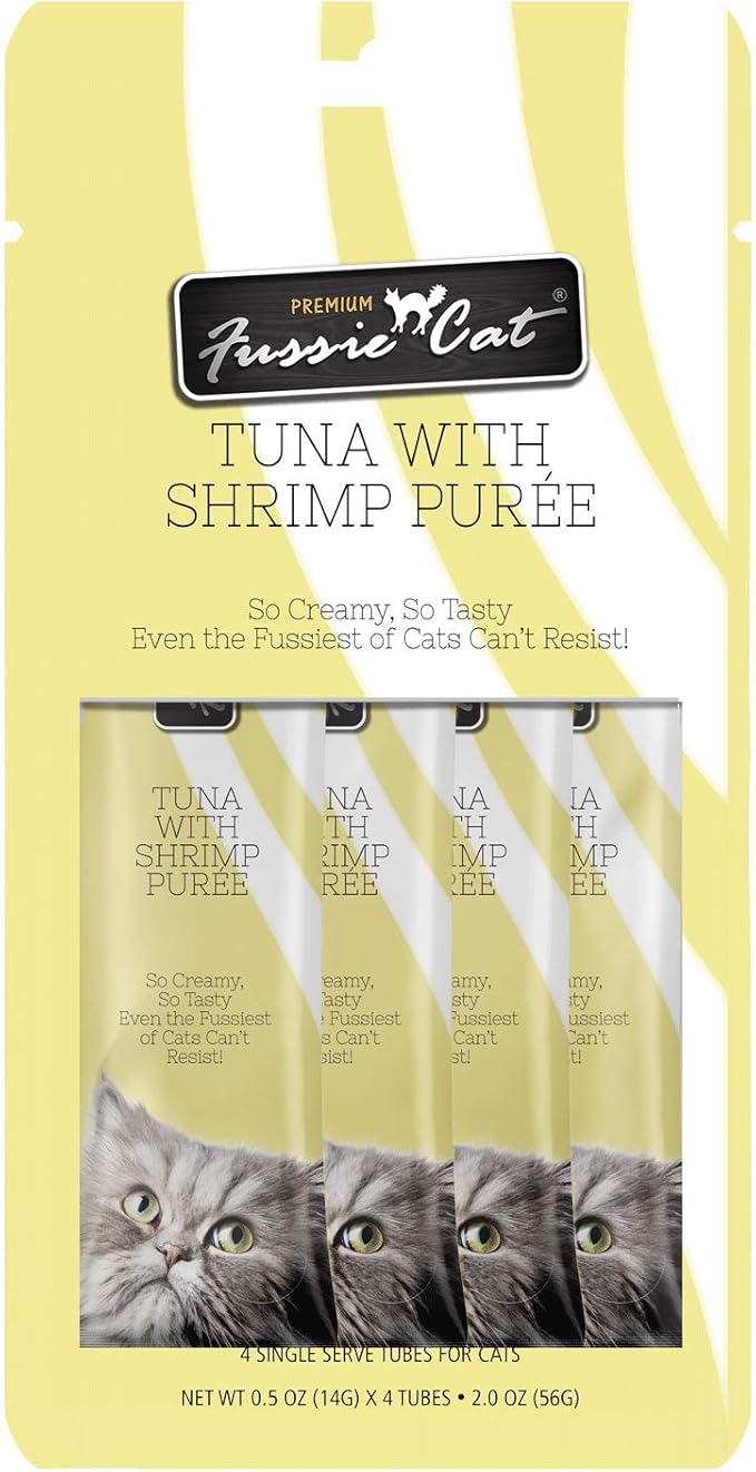 Fussie Cat Tuna with Shrimp Puree, lickable cat Treats, 0.5oz Pouch Pack of 4 - PAWPICO