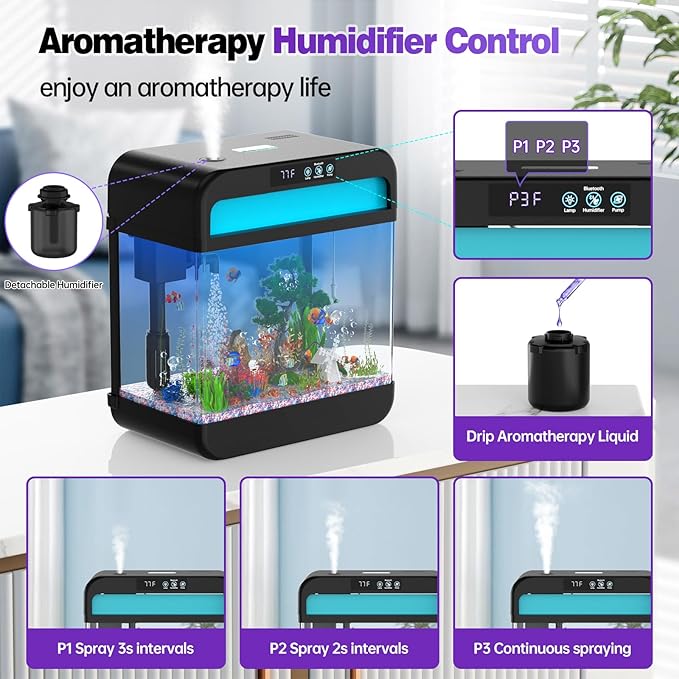 Fish Tank Aquarium 2.2 Gallon Fish Bowl with Music Humidifier 7 Color Auto-Looping Light Adjustable Pump with Filtration & Aeration & Circulation, Temperature Display, Bottom Water Changer Wilody