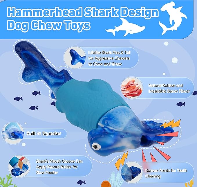 Dog Toys for Aggressive Chewers, Interactive Dog Chew Toys for Large Dogs, Indestructible Squeaky Dog Toys to Keep Them Busy, Tough Dog Toys for Medium/Large Breed Dogs (Deep Blue, Hammerhead Shark) - PAWPICO