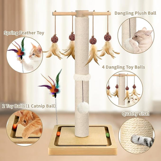Cat Scratching Post, Sisal Scratching Posts for Indoor Cats Adults with Hanging Ball and Interactive Toys, 2 Mounting Methods Cat Scratcher for Kitten Cats, 25 inches - PAWPICO