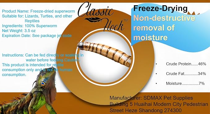 3.5oz Superworms - High Protein Reptile & Amphibian Food, Freeze-Dried for Maximum Nutrition Classic+Flock