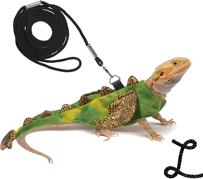 Bearded Dragon Dinosaur Costume with Harness, Bearded Dragon Halloween Costume, Beardie Durable Nylon Leash & Clothes, Tank Accessories for Lizard Reptile Small Pet Rabbit (Large Size) WELCOME