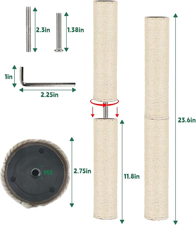 BNOSDM 2 Pcs M8 Cat Scratching Post Replacement Poles 11.8 x 2.75 in Cat Tree Tower Scratch Ropes Refill Sisal Pole Part for Refurbishment Hemp White - PAWPICO