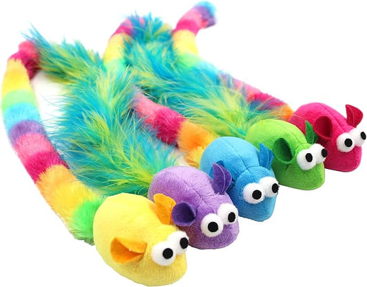 5 Pack Interactive Catnip and Feather Cat Toys, Multi-Colored Mice with Long Feather Tail, Accessories for Indoor Cat, Catnip Plush Toys with Natural Feathers and Rattles - PAWPICO
