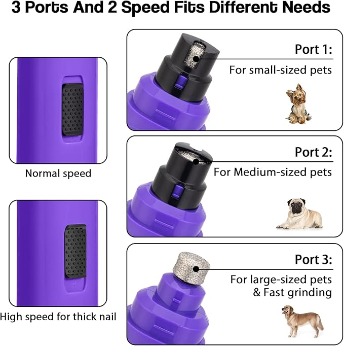 Casfuy Dog Nail Grinder Upgraded - Professional 2-Speed Electric Rechargeable Pet Nail Trimmer Painless Paws Grooming & Smoothing for Small Medium Large Dogs & Cats (Purple) - PAWPICO