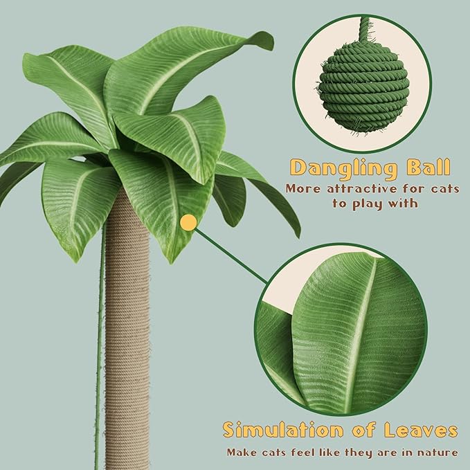 Cat Scratching Post for Indoor Cats and Kitten, 33.5" H Sisal Rope Scratching Posts with Simulated Leaves, Kitten Scratcher with Soft Platform and Hanging Ball - 1 Cat Teasing Stick - PAWPICO