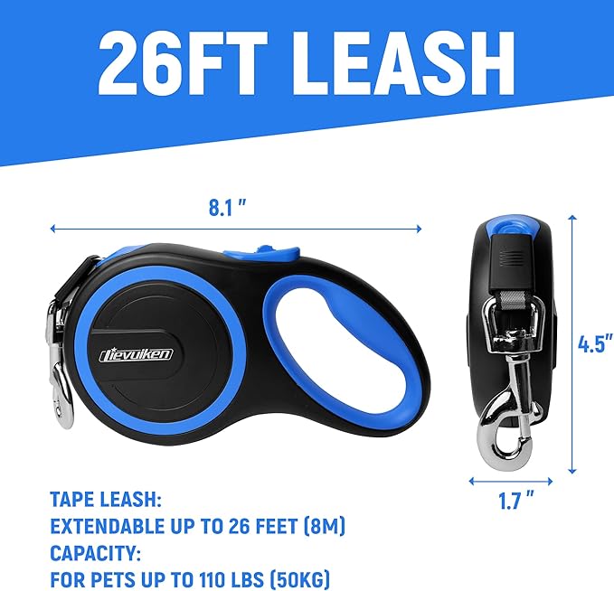 26 FT Retractable Dog Leash with No Tangle, Heavy Duty Great Leash for Dog up to 110lbs, One-Handed Brake, with Non-Slip Handle, Strong Nylon Tape for Small, Medium and Large Dogs LIEVUIKEN