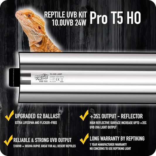 UVB Reptile Light, T5 UVB10.0 24W Light Fixture and UVB Tube Kit, for Desert-Dwelling Reptiles, Bearded Dragon UVB Light ReptiKing