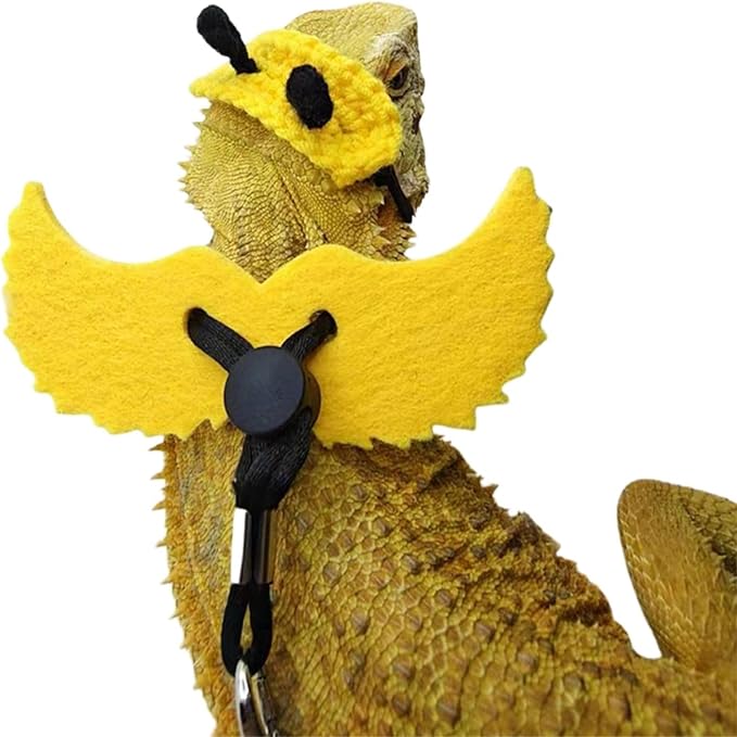Bearded Dragon Harness and Leash Set - Adjustable Lizard Traction Rope with Wings Knitted Bee Hat Outdoor Walking Leash Escape Proof Reptile Bee Costume Accessories for Lizard Small Pets (Yellow) SEZDEKI