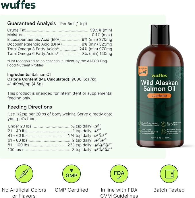 Wuffes Wild Alaskan Salmon Oil for Dogs - Natural EPA & DHA Fatty Acids and Omega 3 for Canines, Healthy Skin and Coat, Joint Support, Reduced Allergic Response - 100% Pure Fish Oil for Pets - 16 Oz Wuffes