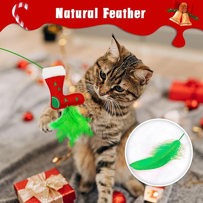 Christmas Cat Toys,4 Pack Cat Wand Toys for Indoor Cats, Cat Gifts with Catnip and Feathers for Christmas, Christmas Cat Wand for Cats and Kitten - PAWPICO
