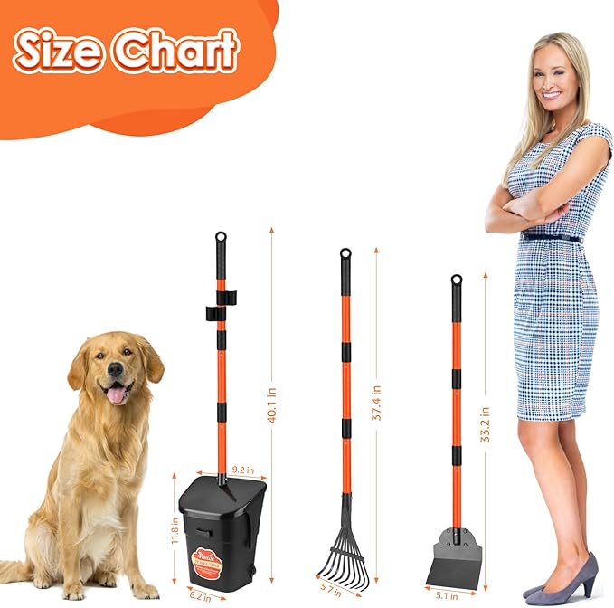 SlowTon Dog Pooper Scooper - 37.4" Long Handle Adjustable Metal Swivel Bin & Rake & Spade Kit with 20 Waste Bags, Portable Pooper Scooper for Gravel Lawn Grass, Suit for Small Medium Large Dog - PAWPICO