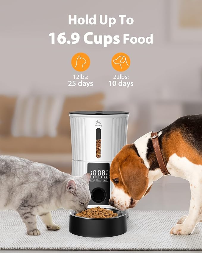 Petory Timed Automatic Cat Feeders - 4L Programable Dry Food Dispenser for Cats and Small Medium Dogs 6 Meals with Desiccant Bag Dual Power Supply 10S Voice Recorder - PAWPICO