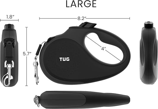 TUG 360° Tangle-Free Retractable Dog Leash with Anti-Slip Handle | 16 ft Strong Nylon Tape | One-Handed Brake, Pause, Lock (Large, Black/Grey) TUG