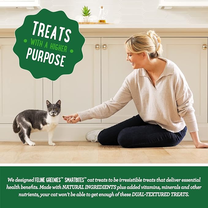 FELINE GREENIES SMARTBITES Skin & Fur Health Crunchy and Soft Textured Adult Natural Cat Treats, Chicken Flavor, 16 oz. Tub GREENIES