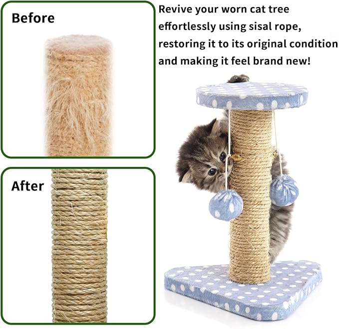 Cat Natural Sisal Rope 1/4 Inch 6mm 98-Feet for Cat Scratching Post Tree Tower Replacement Repair and Replace, DIY Hemp Twine Rope for Cat Scratching Furniture Window Perch and Crafts Gardening - PAWPICO