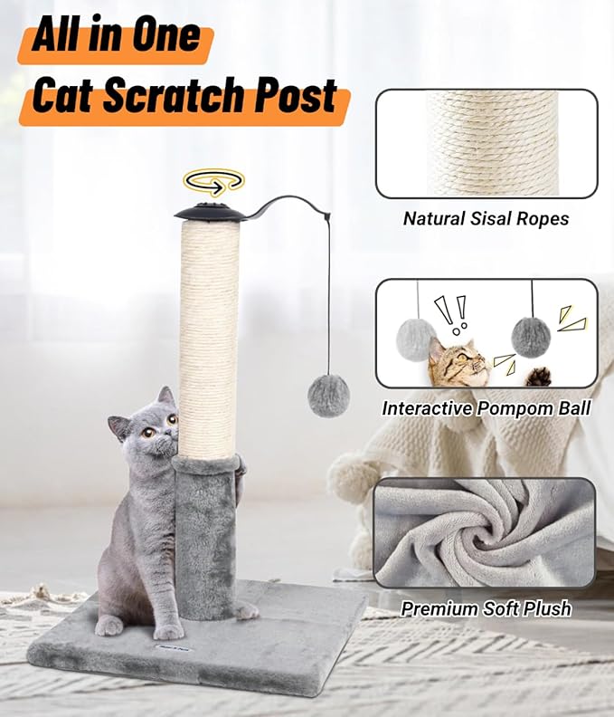 Happi N Pets 22" Cat Scratching Post, Natural Sisal Scratchers Trees for Indoor Cats, Featuring with Rotatable Hanging Balls & Stable Base, Cat Scratch Posts for Kittens-Light Gray - PAWPICO