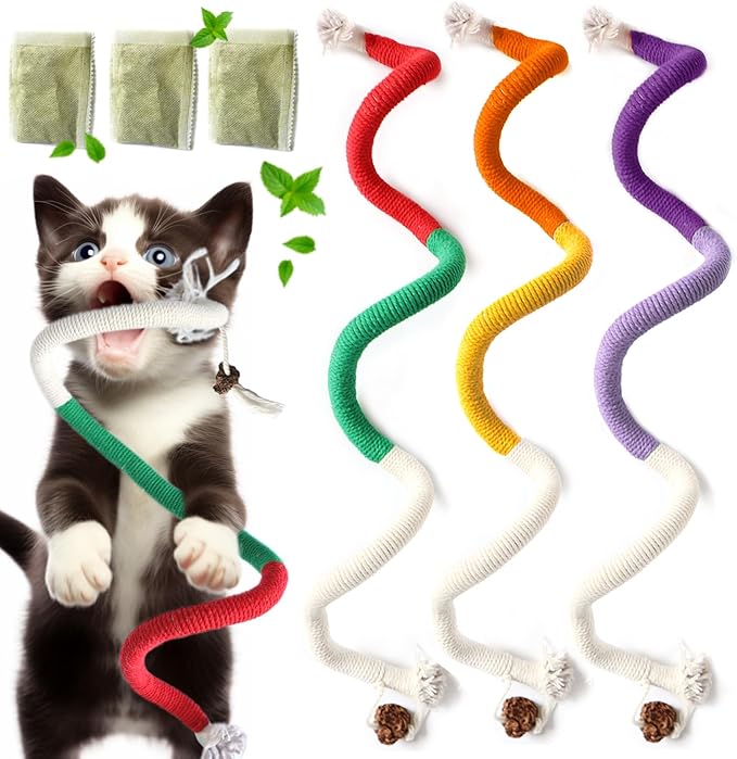Cat Toys for Indoor Cats, Kitten Toys for Indoor Kittens, Catnip Rope Chew Toys for Teeth Cleaning, Interactive Cat String Toy, Kitty Kicker Toy, 3 Pack (Plus 3 Pouches of Catnip) - PAWPICO