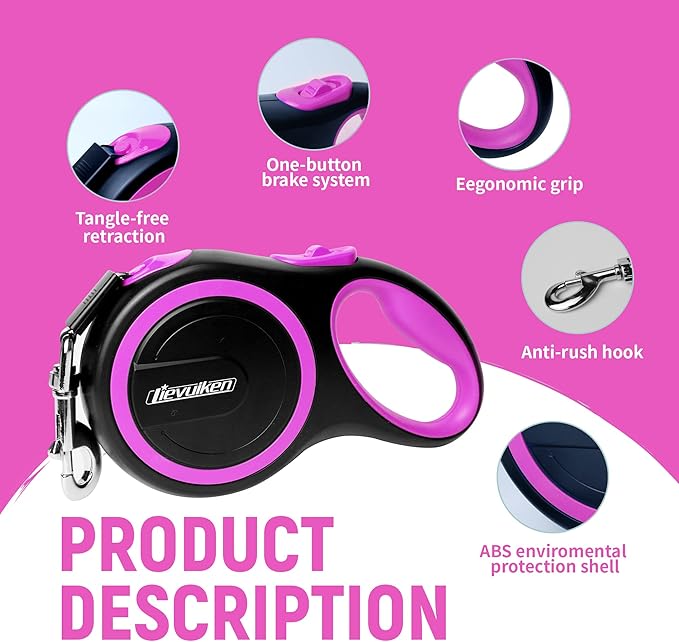 26 FT Retractable Dog Leash with No Tangle, Heavy Duty Great Leash for Dog up to 110lbs, One-Handed Brake, with Non-Slip Handle, Strong Nylon Tape for Small, Medium and Large Dogs LIEVUIKEN